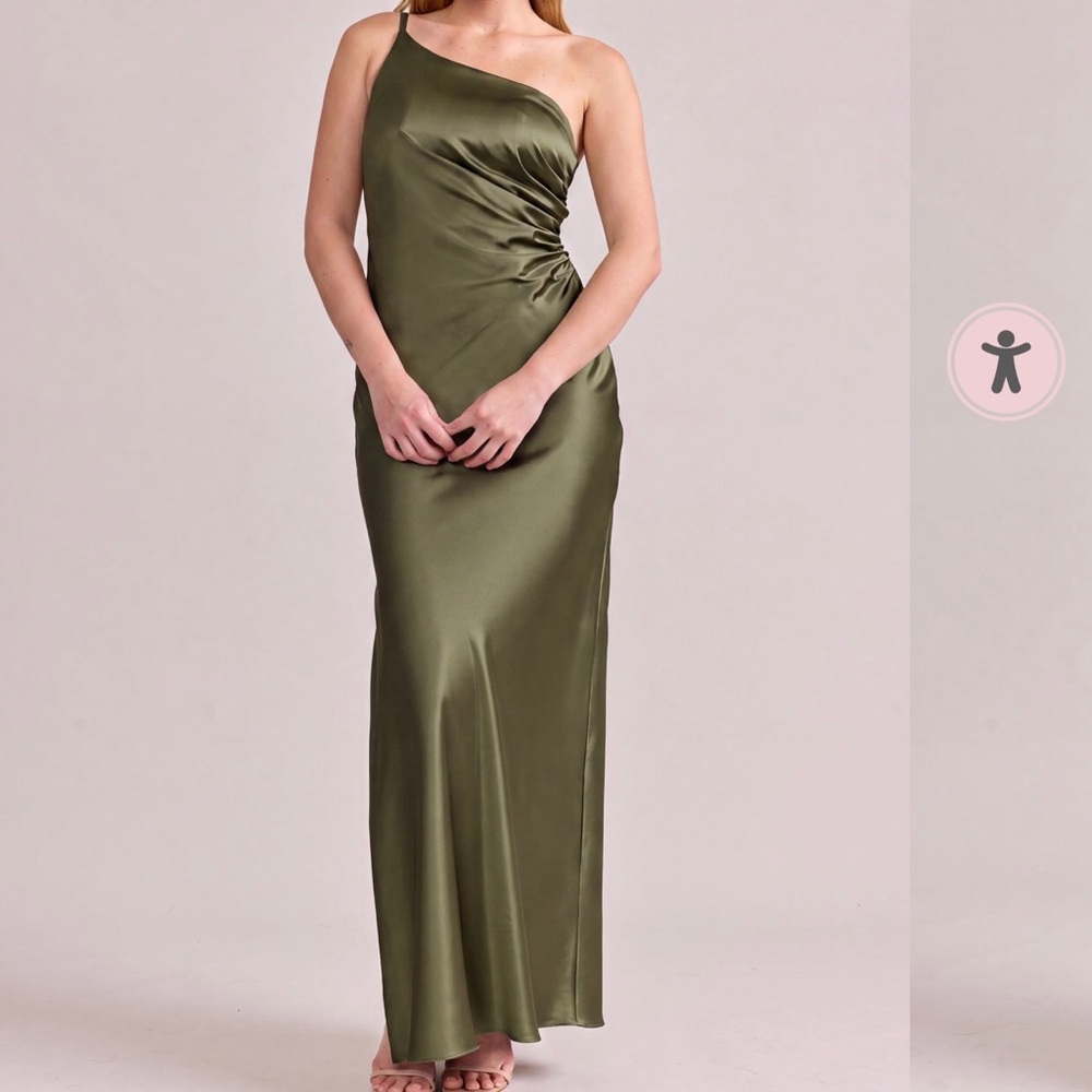 Revelry One Shoulder Satin Maxi Dress Ruched Gown Slit Jade Stretch Green